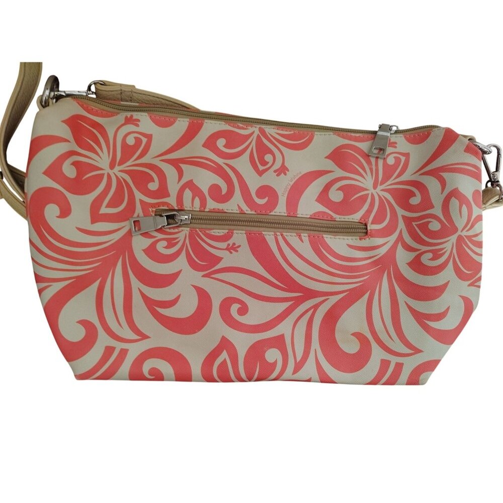 Happy Wahine Crossbody Shoulder Bag Beige Pink Floral Adjustable Strap Zip Close